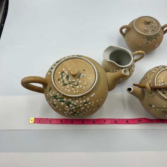 Antique Meiji Period Tea Set 4 Pieces Shark Skin Moriage Porcelain Cream Sugar - Picture 15 of 16